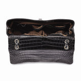 Luxury Giftware by Jere Top Grain Leather Croc Texture Black Chain Strap Handbag with Zip Pocket, 2 Slip Pockets, and Key Fob