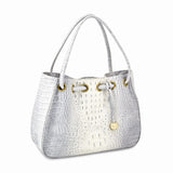 Top Grain Leather Croc Texture Silver-Grey Drawstring Magnetic Snap Handbag with 2 Slip Pockets, 2 Pen Pockets, Key Fob
