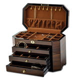Luxury Giftware by Jere High Gloss Walnut Veneer with Black Accents 3-drawer Locking Wooden Jewelry Box