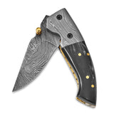 Luxury Giftware Damascus Steel 256 Layer Folding Blade Steel Guard Buffalo Horn Handle Knife with Leather Sheath and Wooden Gift Box